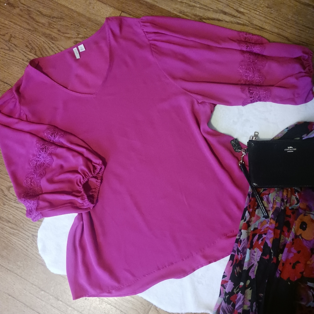 Cato • Women's Magenta Pink High-Low Puff Sleeve Tunic Top